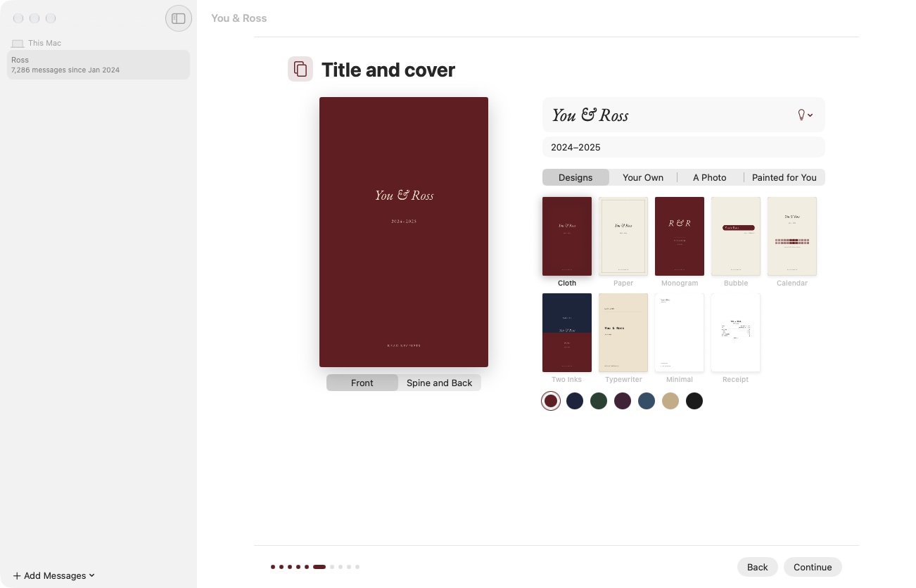 The title and cover step: a large oxblood cover reading You and Ross beside the title field and a grid of nine cover designs.