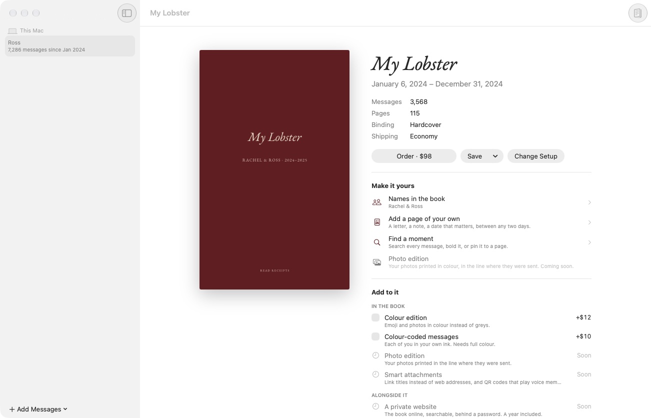 The book's page for a hardcover called My Lobster: its cover, 3,568 messages on 115 pages, an Order button at 98 dollars, and the list of things to add.