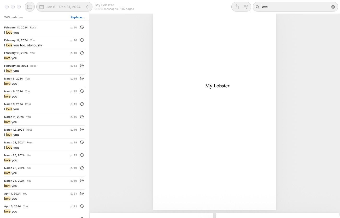 The page view searching for love: 243 matches, each with its date, who sent it and the page it prints on.