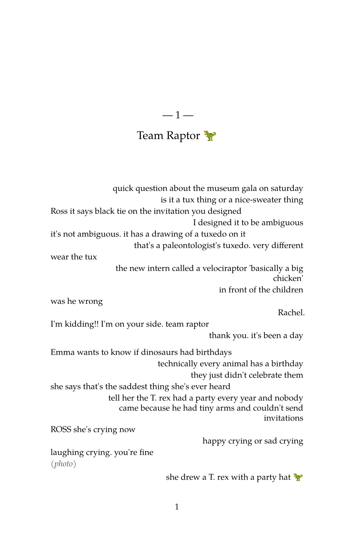 The page that opens chapter 1, titled Team Raptor with a dinosaur emoji. Ross asks whether the museum gala is a tux thing.