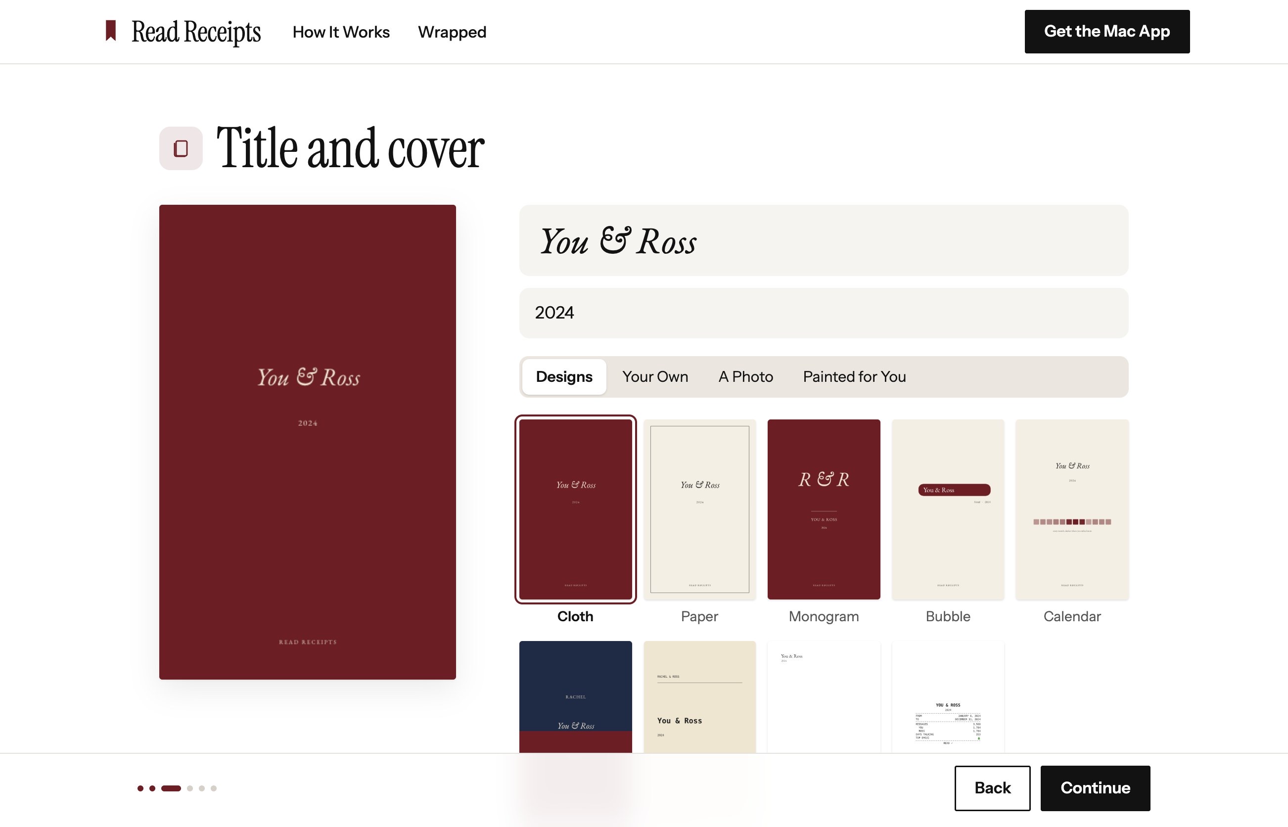 The title and cover step on the site: the oxblood cloth cover beside the title You and Ross, with the nine cover designs drawn with that title.