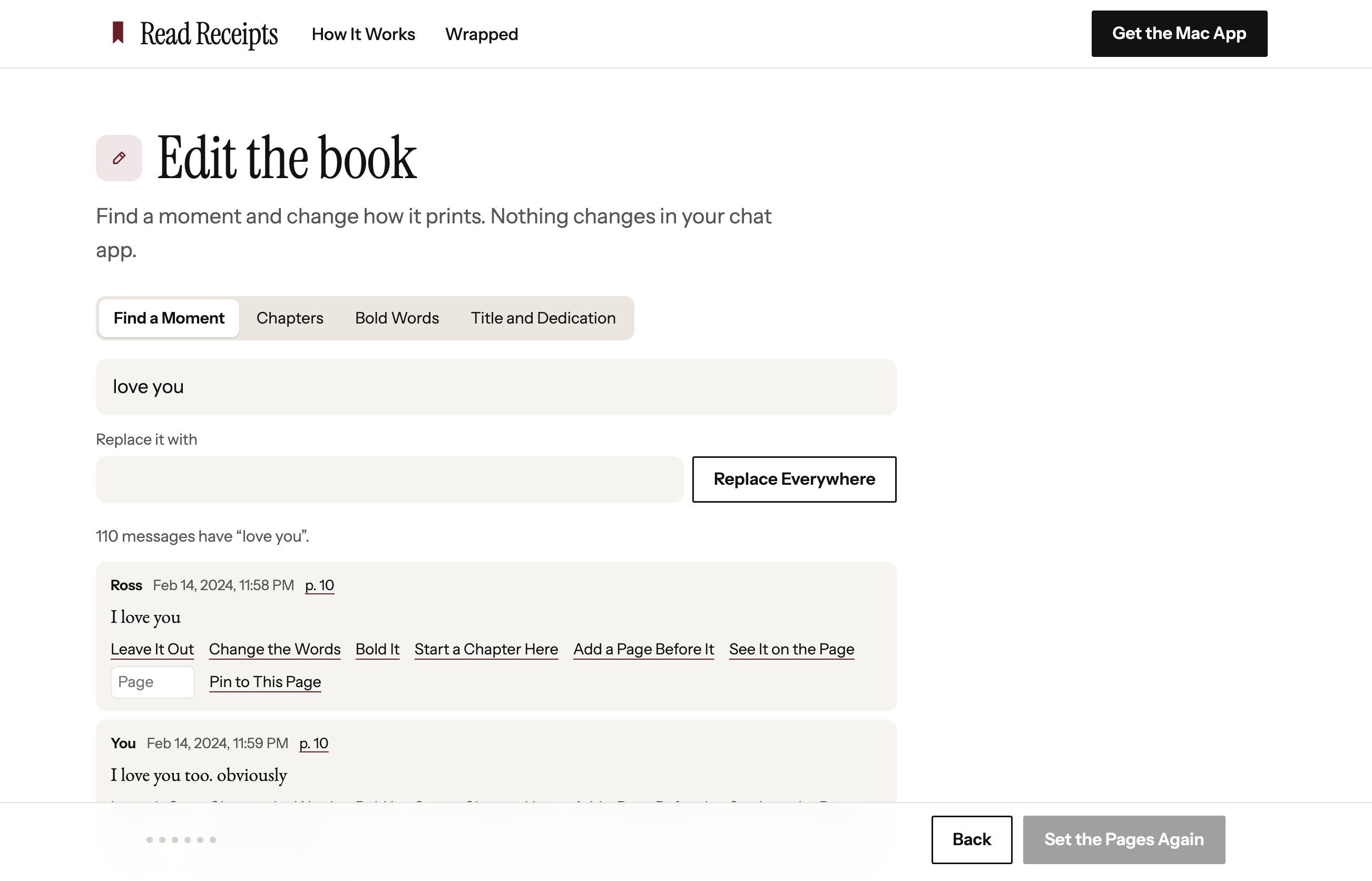 The editor, finding love you in 110 messages, each with the page it prints on and ways to leave it out, change it, bold it, start a chapter or pin it to a page.