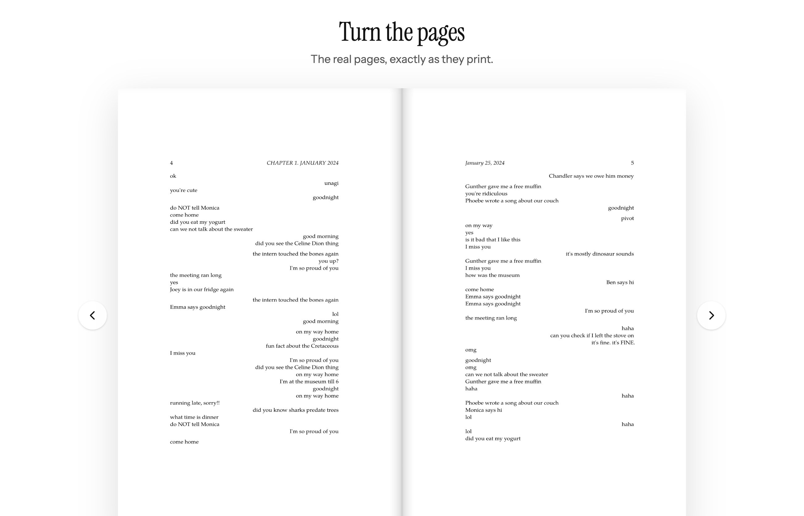 Two facing pages of the typeset book, pages 4 and 5 of January 2024, with Rachel's messages on the left of each page and Ross's on the right, and arrows to turn the page.