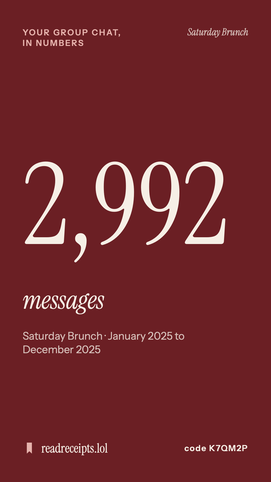 The cover card for the Saturday Brunch group chat, with its total count of messages.